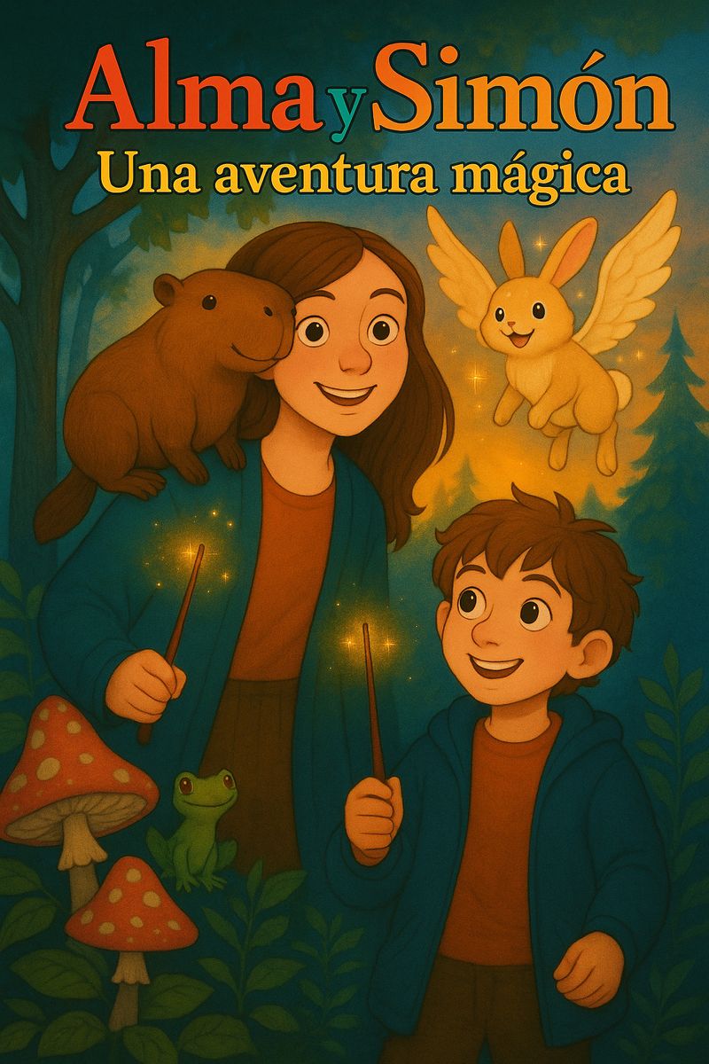 Tapa del libro: Alma y Simón con sus varitas en el bosque, Capi el capibara y Piluso, el conejito con alas.