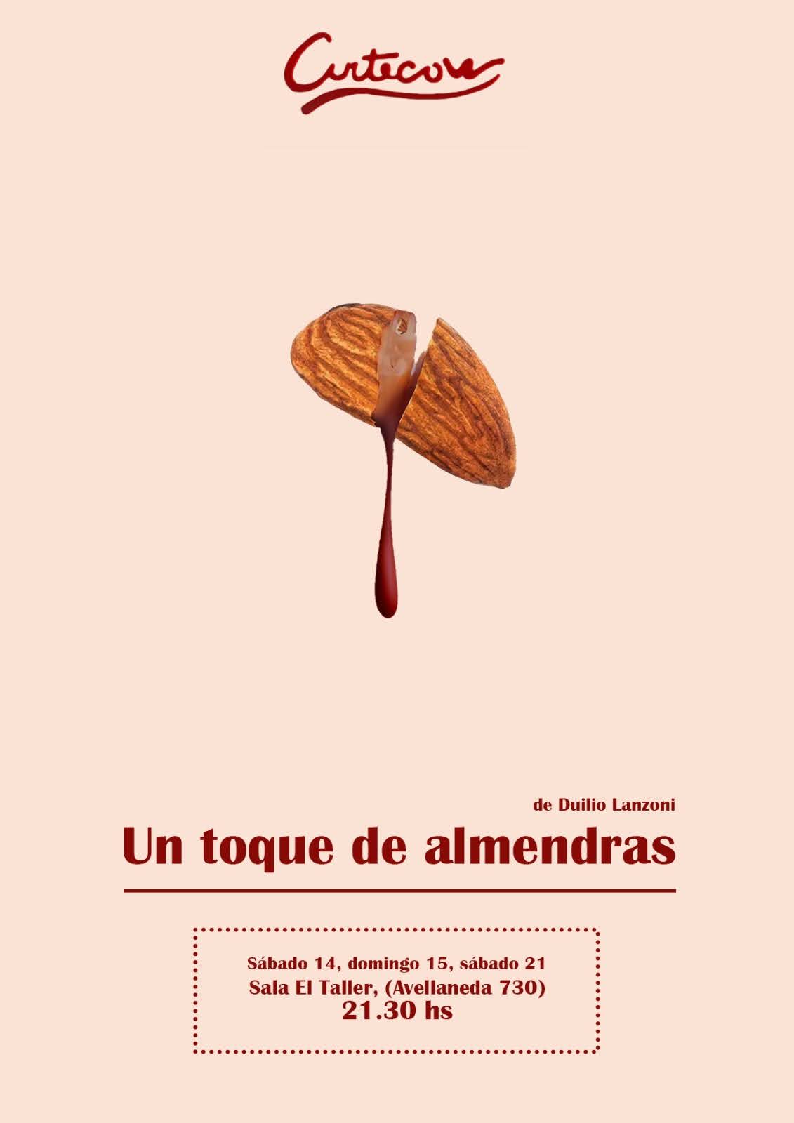 Afiche original de Un toque de almendras con una almendra partida y una gota roja