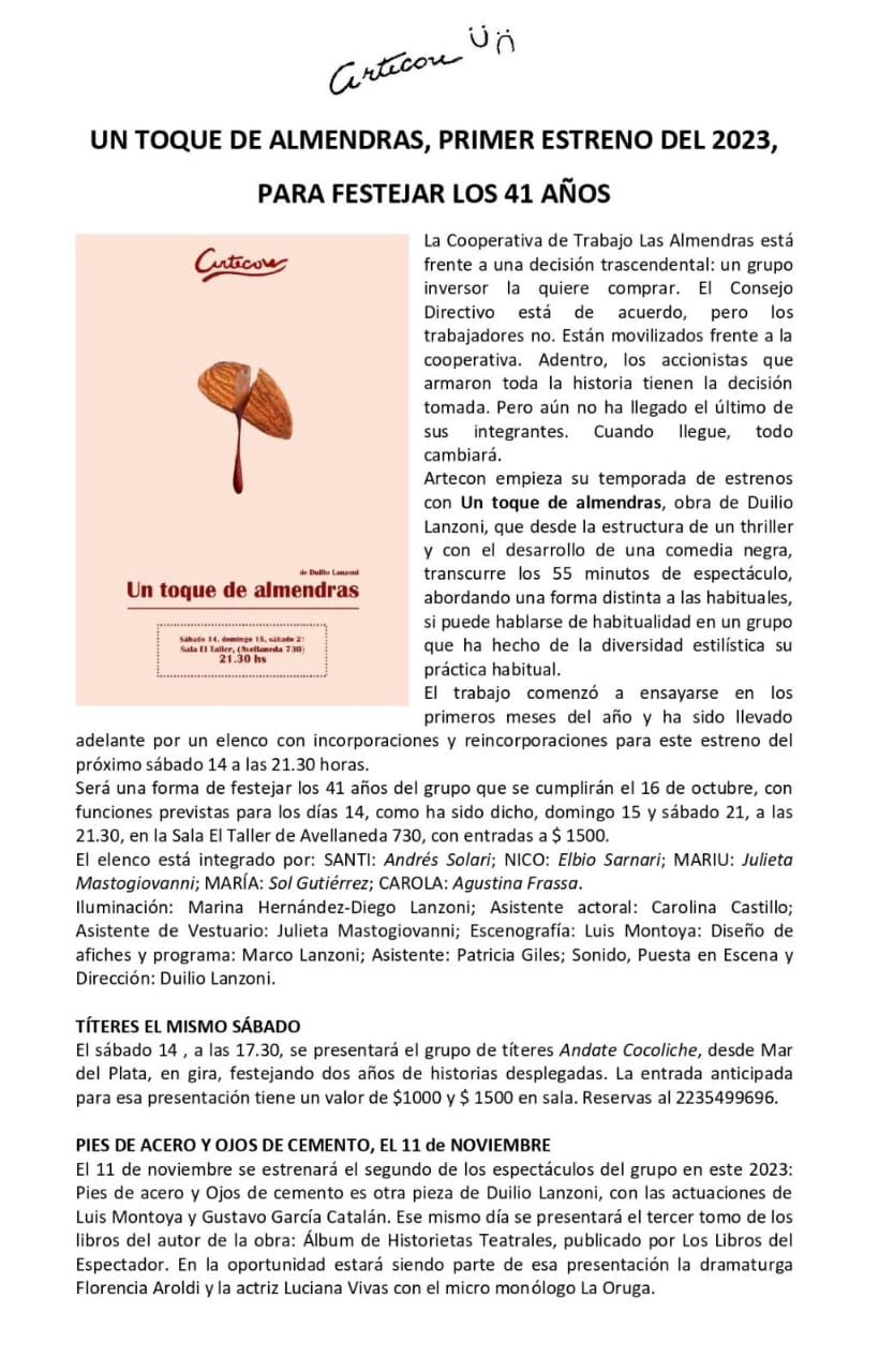 Recorte de prensa sobre el estreno de Un toque de almendras en 2023