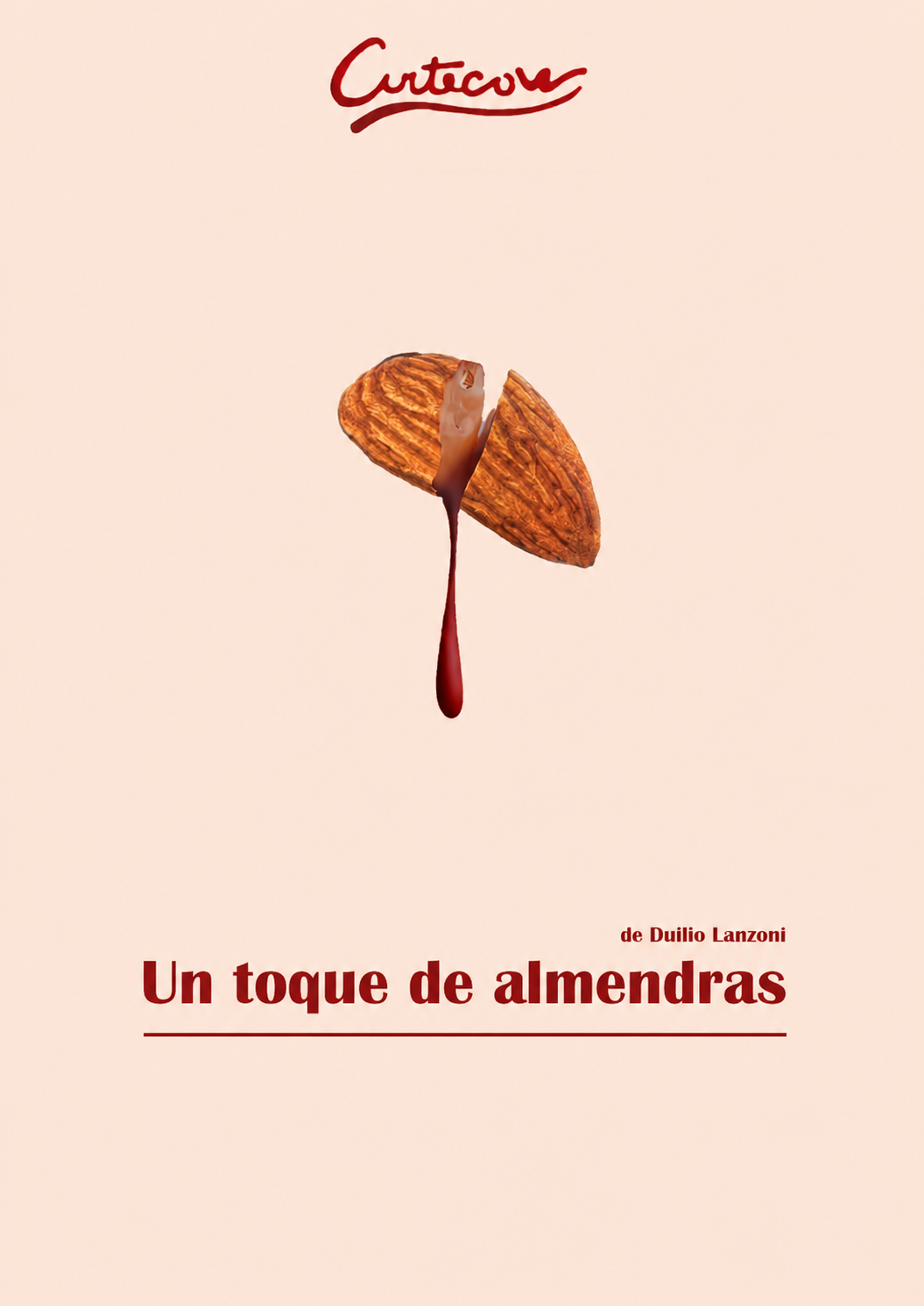 Afiche original de Un toque de almendras con una almendra partida y una gota roja